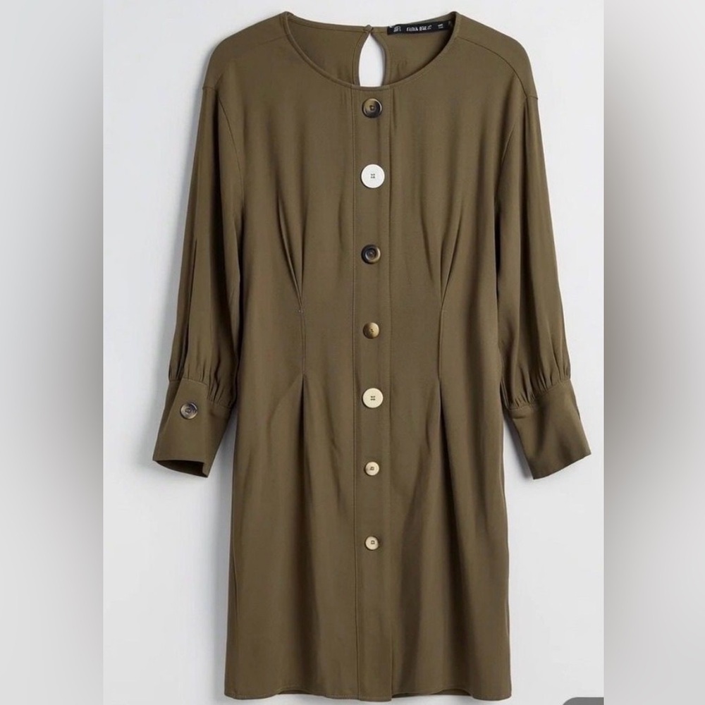 Zara Basic Olive Button-Front Midi Dress Size M NWOT